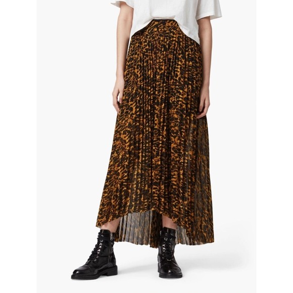 AllSaints Cora Ambient Skirt Midi Size 6 Animal Print Pleated High-Low Sheer - Picture 1 of 15